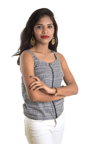 Retrato Una Hermosa Joven Sonriente Posando Sobre Fondo Blanco —  Fotos de Stock