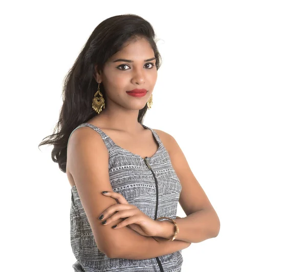 Retrato Una Hermosa Joven Sonriente Posando Sobre Fondo Blanco — Foto de Stock