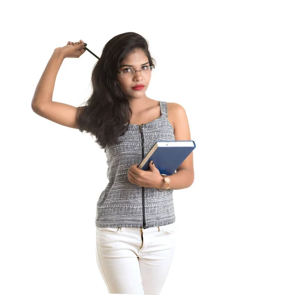 Menina Bonita Segurando Livro Posando Fundo Branco — Fotografia de Stock