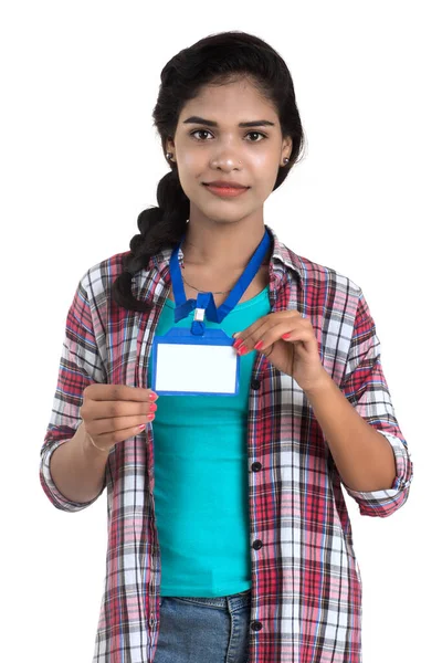 Young Woman Holding Identification White Blank Plastic Card — Stock Photo, Image
