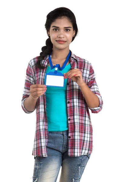 Young Woman Holding Identification White Blank Plastic Card — Stock Photo, Image