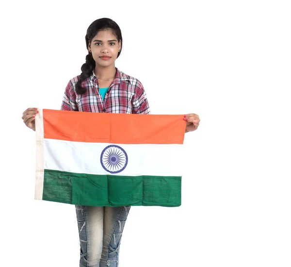 Meisje Met Indiase Vlag Tricolor Witte Achtergrond Indiase Onafhankelijkheidsdag Indiase — Stockfoto