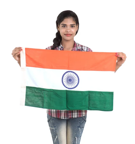 Meisje Met Indiase Vlag Tricolor Witte Achtergrond Indiase Onafhankelijkheidsdag Indiase — Stockfoto