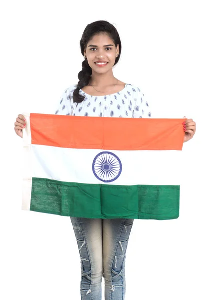 Дівчинка Індійським Прапором Або Триколор Білому Тлі День Незалежності Індії — стокове фото