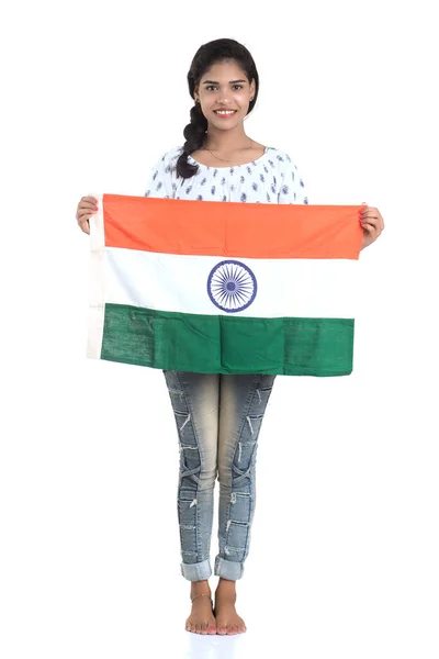 Дівчинка Індійським Прапором Або Триколор Білому Тлі День Незалежності Індії — стокове фото