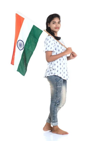 Chica Con Bandera India Tricolor Sobre Fondo Blanco Día Independencia —  Fotos de Stock
