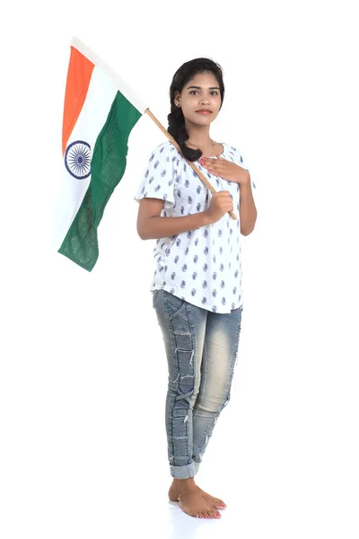 Chica Con Bandera India Tricolor Sobre Fondo Blanco Día Independencia —  Fotos de Stock