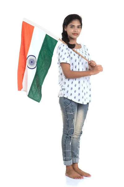 Meisje Met Indiase Vlag Tricolor Witte Achtergrond Indiase Onafhankelijkheidsdag Indiase — Stockfoto