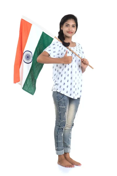 Girl Indian Flag Tricolour White Background Indian Independence Day Indian — Stock Photo, Image