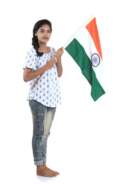 Chica Con Bandera India Tricolor Sobre Fondo Blanco Día Independencia —  Fotos de Stock