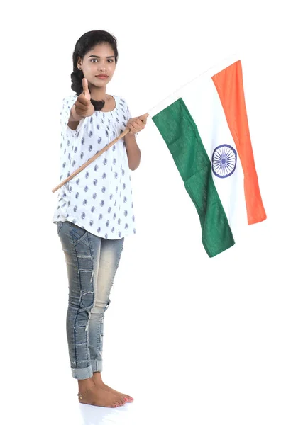 Meisje Met Indiase Vlag Tricolor Witte Achtergrond Indiase Onafhankelijkheidsdag Indiase — Stockfoto