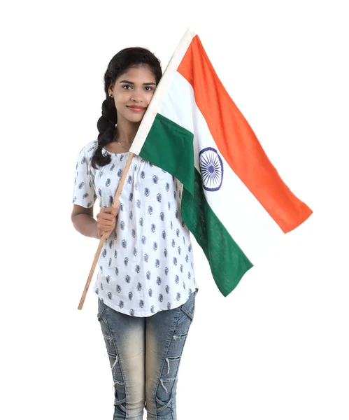 Girl Indian Flag Tricolour White Background Indian Independence Day Indian — Stock Photo, Image