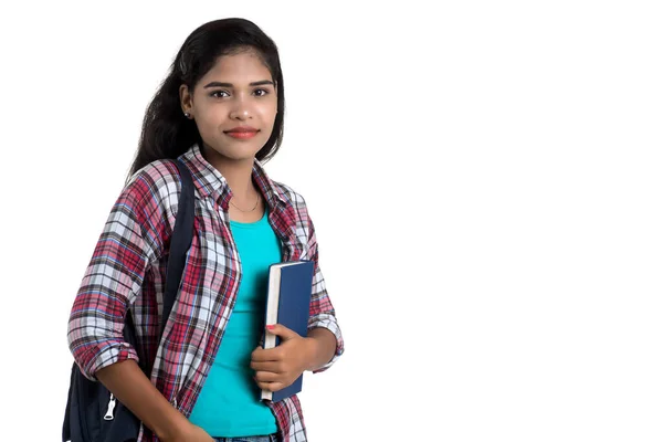 Young Indian Woman Backpack Standing Holding Notebooks Posing White Background — Stock Photo, Image