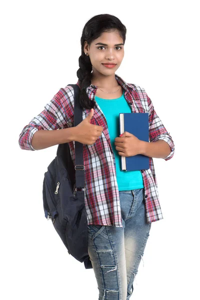 Jovem Mulher Indiana Com Mochila Segurando Cadernos Posando Fundo Branco — Fotografia de Stock