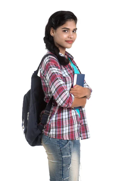 Young Indian Woman Backpack Standing Holding Notebooks Posing White Background — Stock Photo, Image