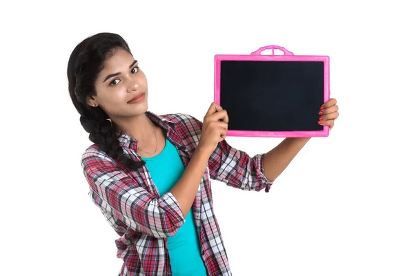 Beautiful Young Girl Holding Posing Chalkboard Slate White Background — Stock Photo, Image