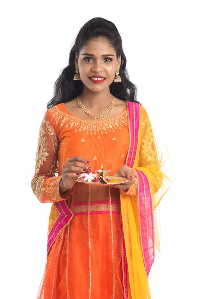 Beautiful Indian Young Girl Holding Pooja Thali Performing Worship White — Stock Photo, Image