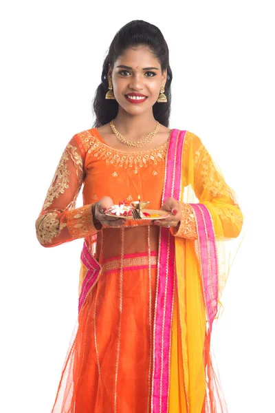 Beautiful Indian Young Girl Holding Pooja Thali Performing Worship White — Stock Photo, Image