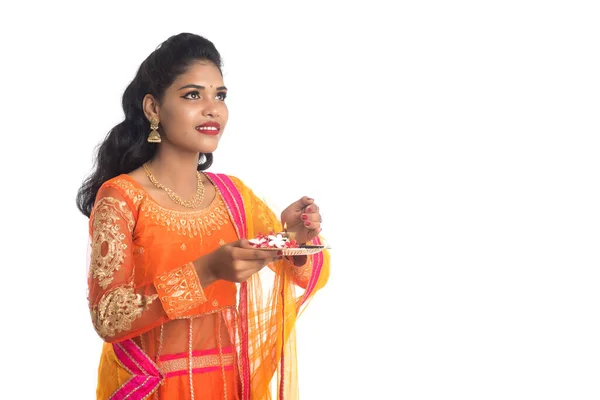 Beautiful Indian Young Girl Holding Pooja Thali Performing Worship White — Stock Photo, Image