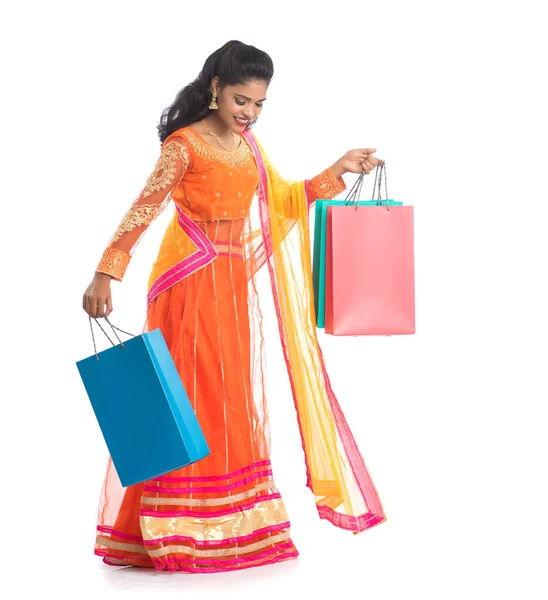 Beautiful Indian Young Girl Holding Shopping Bags While Wearing Traditional — Stock Photo, Image