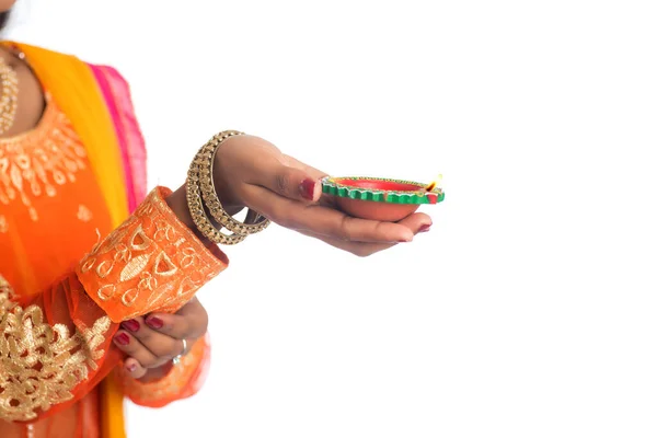 Portrait Indian Traditional Girl Holding Diya Girl Celebrating Diwali Deepavali — Stok Foto