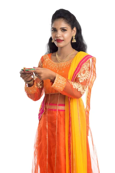 Porträt Eines Traditionellen Indischen Mädchens Mit Diya Mädchen Die Diwali — Stockfoto