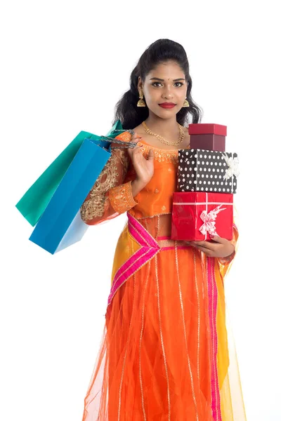 Beautiful Woman Carrying Many Shopping Bags Gift Box White Background — Stock Photo, Image