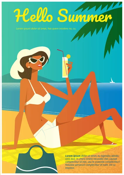 Summer Poster Woman Beach Drinking Cocktail — Stock Vector