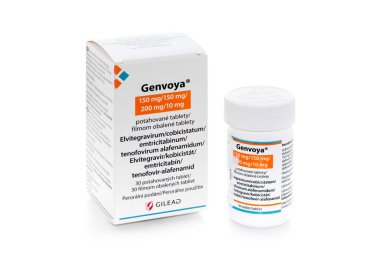 Prag, Çek Cumhuriyeti - 14 Nisan 2020: Genvoya, insan bağışıklık yetmezliği virüsü türü 1 (HIV-1) hastalarının tedavisinde kullanılan bir antiviral ilaçtır.)