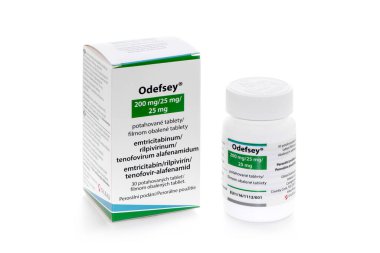 Prag, Çek Cumhuriyeti - 14 Nisan 2020: Odefsey, bilinen mutasyonlar olmaksızın insan bağışıklık yetmezliği virüsü (HIV-1) taşıyan yetişkinlerin ve gençlerin tedavisinde kullanılıyor