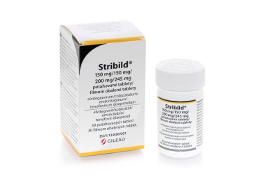Prag, Çek Cumhuriyeti - 14 Nisan 2020: Stribild, yetişkinlerde insan bağışıklık yetmezliği virüsü (HIV) tedavisinde kullanılan tek bir tablet rejimdir.