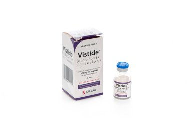 Prague, Czech Republic - April 14 2020: Vistide is an injectable antiviral medication primarily used as a treatment for cytomegalovirus (CMV) retinitis in people with AIDS clipart