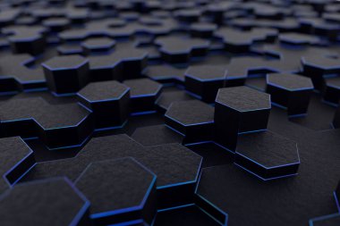 Altıgen ağın 3D görüntülemesi, ince mavi kenarlar