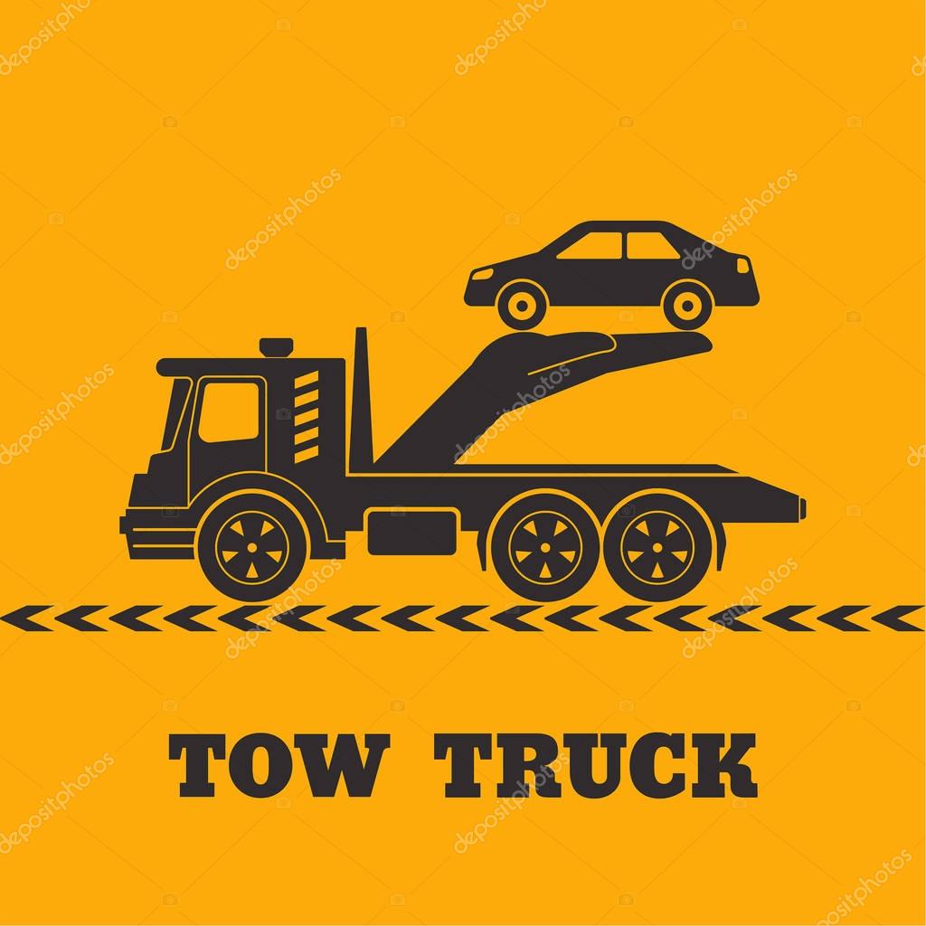 Tow truck icon yellow background. Hand holding the car. Round the clock evacuation of cars. Design can be used as a logo, a poster, advertising, singboard. Vector element of graphic design