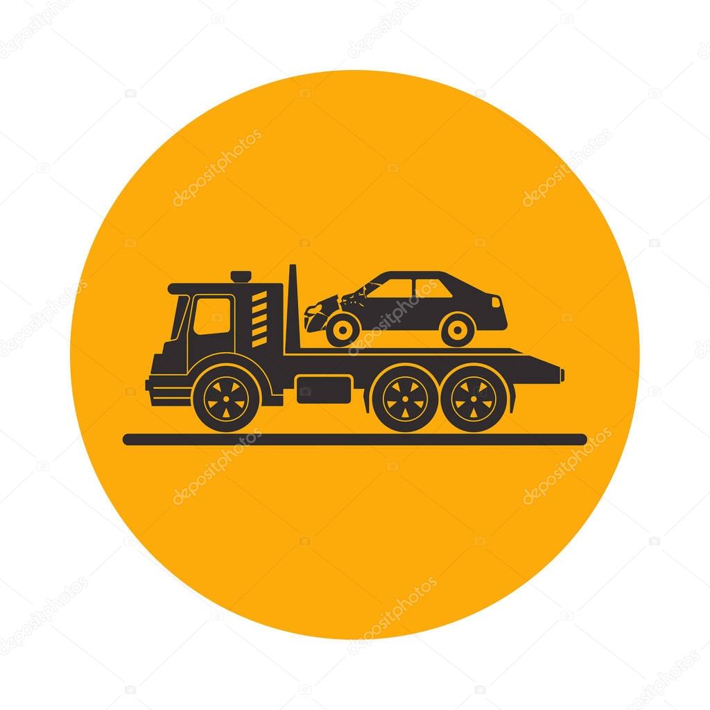 Tow truck with broken car. Round the clock evacuation of cars. Design can be used as a logo, a poster, advertising, singboard. Vector element of graphic design