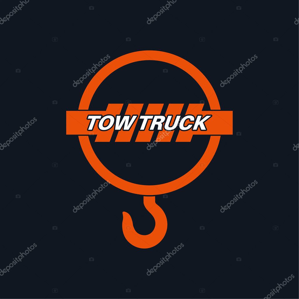 Tow truck icon. Wrecker logotip. Towing hook. Round the clock evacuation of cars. Design can be used as a logo, a poster, advertising, singboard. Vector element of graphic design
