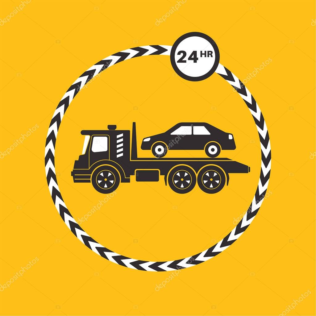 Tow truck icon on yellow background. Tow truck transports the car. Round the clock evacuation of cars. Design can be used as a logo, a poster, advertising, singboard. Vector element of graphic design