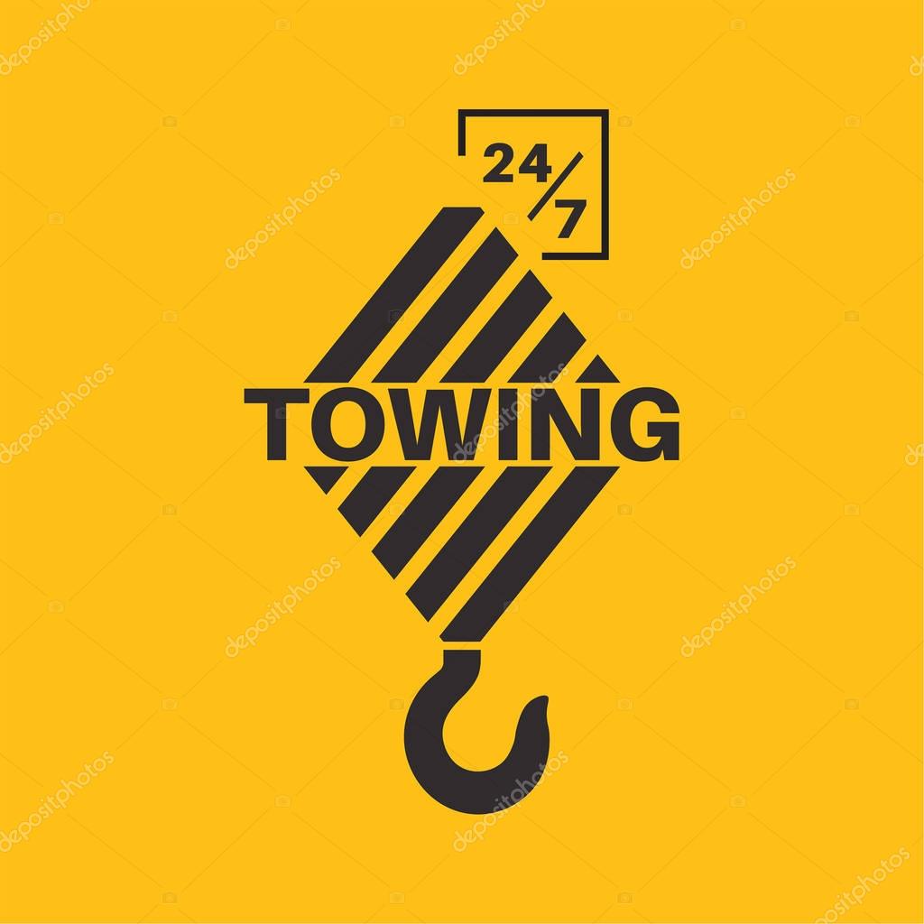 Tow truck icon. Wrecker logotip. Towing hook. Round the clock evacuation of cars. Winch. Design can be used as a logo, a poster, advertising, singboard. Vector element of graphic design
