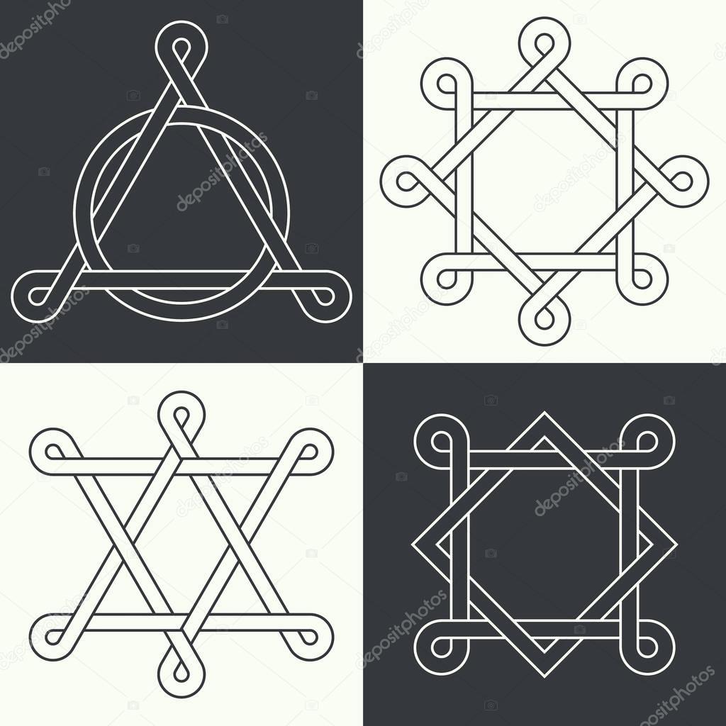 Character set, executed in linear style.Celtic signs, knots and interlacings. Concept of secret and origin of mankind. The mascots and charms executed in the form of logos. Magic signs. Vector illustration.