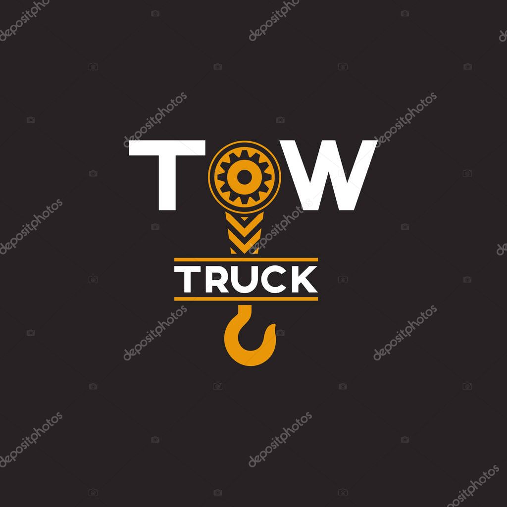 Tow truck icon. Wrecker logotip. Towing hook. Round the clock evacuation of cars. Winch. Design can be used as a logo, a poster, advertising, singboard. Vector element of graphic design