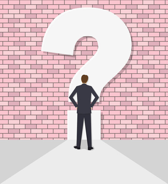  бизнесмен лежит у стены с вопросительным знаком
