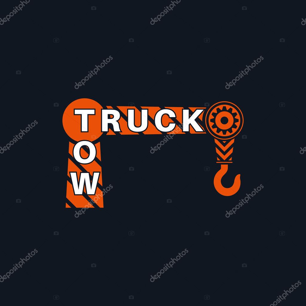 Tow truck icon. Wrecker logotip. Towing hook. Round the clock evacuation of cars. Design can be used as a logo, a poster, advertising, singboard. Vector element of graphic design