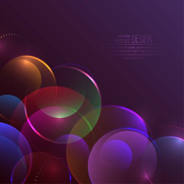 Çok renkli çemberlerin soyut arkaplanı. Mor tabanlı dinamik toplar. Noktaları ve çizgileri olan saydam parlak küreler. Walling. Vektör illüstrasyonu.