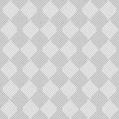 Kusursuz desen. Modern zarif doku. Düzenli olarak eşkenar dörtgenler, elmaslar, haçlar ve üçgenlerle geleneksel geometrik fayansları tekrarlıyorlar. İnce çizgi. Grafiksel tasarımın vektör ögesi