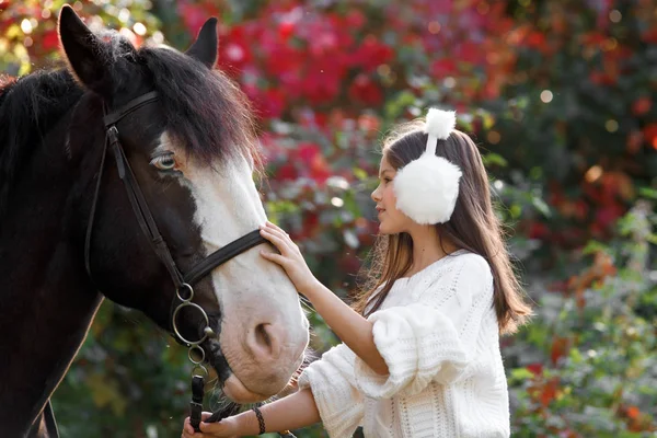 Pretty young girl with a white horse. — Stock Photo, Image