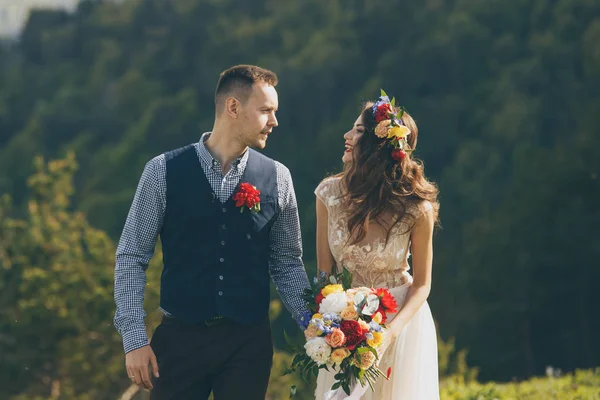 Lujo feliz boda pareja besándose y abrazándose en la montaña con increíble paisaje —  Fotos de Stock