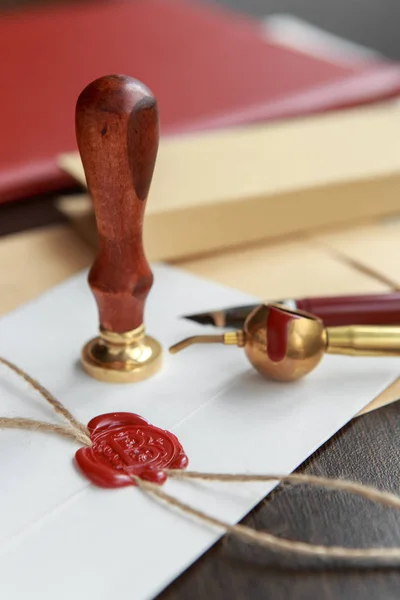 Metal wax notary public stamper on old document. Law office — Stock Photo, Image