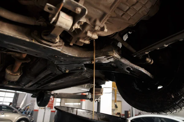 Oil change in automatic transmission. Filling the oil through the hose. Car maintenance station. Red gear oil. The hands of the car mechanic in oil.