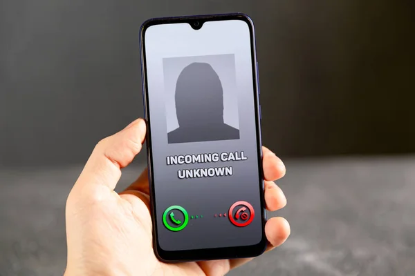 Phone call from unknown number. Scam, fraud or phishing with smartphone concept. Prank caller, scammer or stranger. Woman answering to incoming call. Hoax person with fake identity.