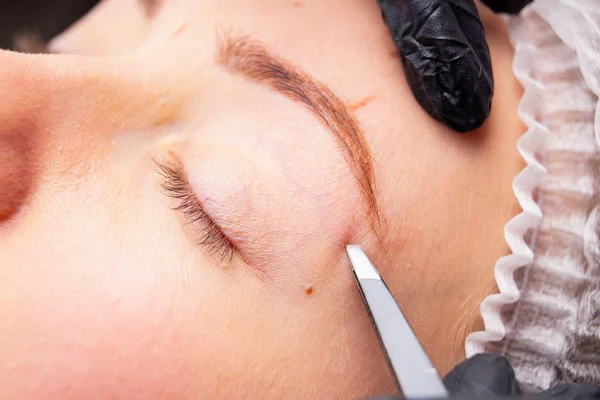 Procedimientos cosméticos para el tratamiento de cejas. Microblading en el salón de belleza. Cosmetología profesional. El proceso de aplicación del pigmento —  Fotos de Stock